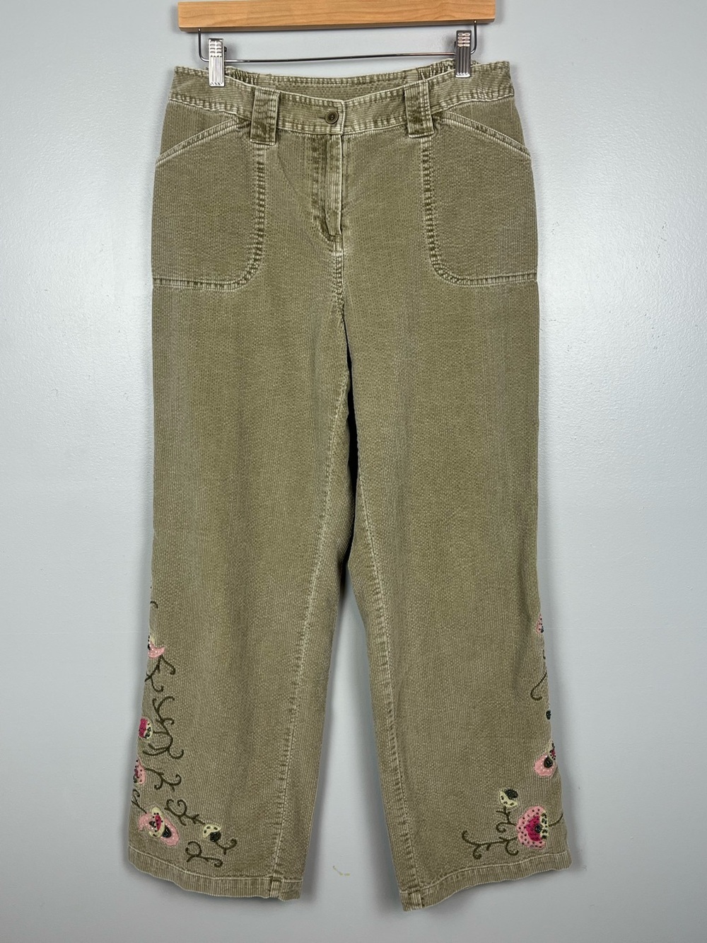 J.Jill green 100% cotton embroidered beaded corduroy straight leg pants, 10P. - Picture 1 of 10